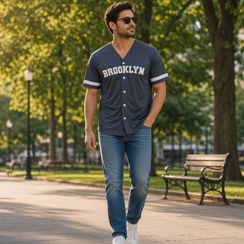 Brooklyn Baseball Jersey Mens Blue Mesh Button Up Streetwear Y2K Size M